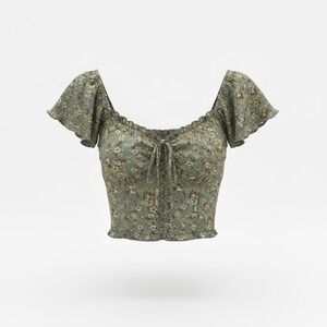 BOG Collective Women's Blue Floral Crop Top Large Ruffles Boho Corset Coquette